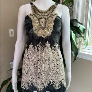 VENUS Black embellished tank with Cream Embroidered jeweled front